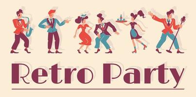 Plantilla de vector plano de banner de club de fiesta retro. Diseño de conceptos de palabra de cartel horizontal de barra de estilo de los años 50. ilustraciones de dibujos animados de la vieja escuela con tipografía y músicos de jazz sobre fondo de color vintage