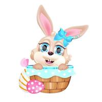 Cute little bunny sitting in basket kawaii cartoon vector character. Adorable and funny animal Easter rabbit isolated sticker, patch. Anime baby smiling beige hare with Pascha eggs emoji on white
