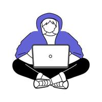 chico en sudadera con capucha con ilustración de vector de silueta plana portátil. joven trabajando desde casa. estudiante. hacker de computadora. 2d personaje de contorno aislado sobre fondo blanco. dibujo de estilo simple