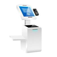 Innovative self order kiosk realistic vector illustration. Interactive payment system flat color object. Freestanding construction with touch screen technology isolated on white background