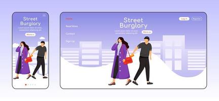 Street burglary adaptive landing page flat color vector template. Man stealing wallet from womans bag. Pickpocketing mobile and PC homepage layout. One page website UI. Webpage cross platform design