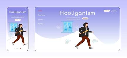 Hooliganism adaptive landing page flat color vector template. Guy with baseball bat. Vandalism mobile and PC homepage layout. Street bully one page website UI. Webpage cross platform design