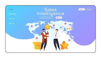 Sales intelligence landing page flat color vector template. Smiling men shake hands homepage layout. Partnership one page website interface with cartoon character. High rating web banner, webpage