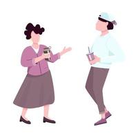 People drinking coffee and talking flat color vector faceless characters. Man holding disposable cup and woman with thermo mug. Isolated cartoon illustration for web graphic design and animation
