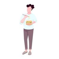 Man eating noodles flat color vector faceless character. Takeout lunch. Caucasian guy holding takeaway container with homemade food isolated cartoon illustration for web graphic design and animation