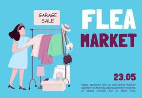 Flea market banner flat vector template. Brochure, poster concept design with cartoon characters. Buying second hand clothes and retro things. Garage sale horizontal flyer, leaflet with place for text