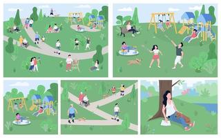Rest in park flat color vector illustrations set. 2D cartoon characters enjoying open air activities, countryside relax. Children playgrounds equipment, recreational national park landscape