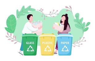 Waste management, eco friendly living 2D vector web banner, poster. Garbage separation. Man and woman sorting trash flat characters on cartoon background. printable patches, colorful web elements