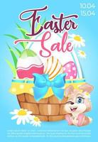 Easter sale poster flat vector template. Springtime seasonal discounts. Brochure, booklet one page concept design with kawaii cartoon characters. Pascha special offer promotional flyer, leaflet