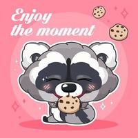 Cute raccoon kawaii character social media post mockup. Enjoy the moment lettering. Positive poster, card template with animal eating cookie. Social media content layout. Print, kids book illustration vector