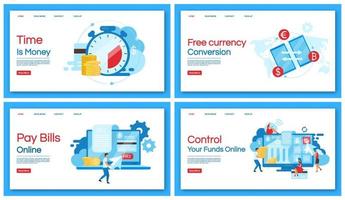 Banking service landing page vector template. Pay bills, financial transactions website interface idea with flat illustrations. E payments, money transfer homepage layout. Web banner, webpage concept