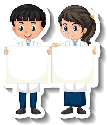 Scientist couple kids holding empty board cartoon character sticker