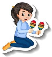 Cartoon sticker with girl playing maracas vector