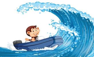 Happy monkey driving boat on ocean wave vector