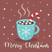 Christmas greeting card with mug of hot chocolate, marshmallows and candy cane. vector