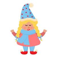 Cute gnome girl with pigtails in a santa hat. Winter character. vector