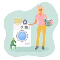 Happy woman with a basket of laundry is standing near the washing machine. Laundry time. Woman housewife. vector