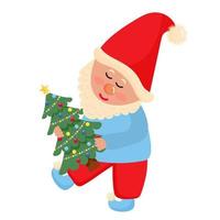 Cute gnome is holding Christmas tree. New year symbol. vector