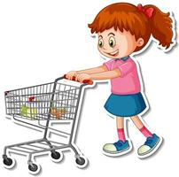 niña empujando el carrito de la compra con comestibles vector