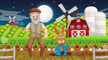 Farm at night scene with old farmer man and a rabbit vector