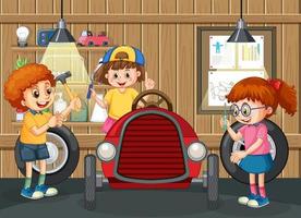 Garage scene with children fixing a car together vector