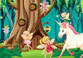 Fantasy forest with cute fairies vector