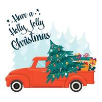 Vintage red truck with Christmas pine and gifts. vector