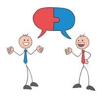 Teamwork, two stickmen businessmen talking with connected jigsaw puzzle pieces speech bubble, hand drawn outline cartoon vector illustration.