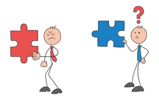 Teamwork, two stickmen businessmen have matching puzzle pieces, but one of them does not want teamwork, hand drawn outline cartoon vector illustration.