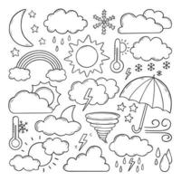 Set of weather doodles. Sun, moon, cloud, rainbow, wind, star, lightning, snowflake, thermometer in sketch style. Hand drawn vector illustration isolated on white background.