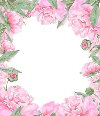 Frame of pink blooming peonies with buds and leaves.