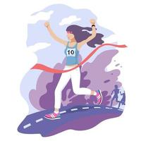 chica de pelo largo corre y gana el maratón. Ilustración de hacer deporte en la naturaleza y un estilo de vida saludable. vector
