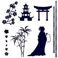 Silhouette of an Asian girl, pagoda, gate, sakura flowers, bamboo stems on a white background. vector