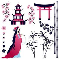 chica asiática, pagoda, puerta, flores de sakura, tallos de bambú sobre un fondo blanco. vector conjunto de elementos de diseño aislado del fondo.