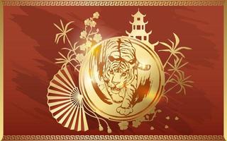 Tiger with gold on the background of a Chinese pagoda, bamboo, sakura and a fan. Year 2022 symbol.