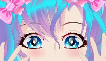 Cute girl with blue hair and blue eyes in anime style.