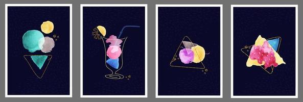 Image of ice cream cone, cocktail, dessert and bread with jam. Abstract art background with watercolor stain elements vector. vector