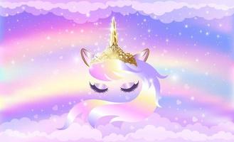 Face of a unicorn with closed eyes and a long mane on an iridescent pink background with sparkles and stars.