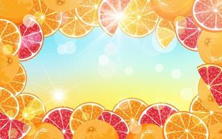 Fondo de verano de frutas con rayos de sol, efecto bokeh y naranjas. Ilustración de rodajas de naranjas rojas y naranjas. vector