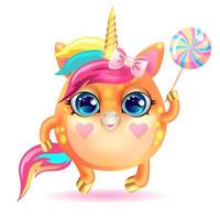 Cute unicorn with a golden horn and lollipop goes to the party. vector