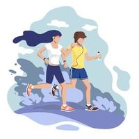 Young woman and man with headphones and fitness bracelets running in the park. Sports, jogging, healthy lifestyle, body care. vector
