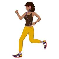 Girl in sportswear, in headphones and with a fitness bracelet runs. Illustration of sports and healthy lifestyle. vector