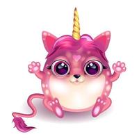 Cute pink cartoon animal sitting with a golden horn. Vector funny monster. Element for creating a design.