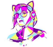 Portrait of a girl with headphones listening to music in a modern abstract style. Polygonal image.