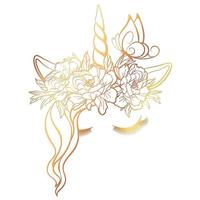 Vector unicorn face with closed eyes, butterfly and wreath of flowers. Gold outline isolated on a white background.