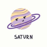 Planet saturn with face in cartoon style. Greeting card with cute planet vector