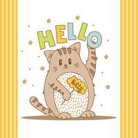 Hand drawn cute animals with lettering. Cat with word Hello. White background. Vector. vector