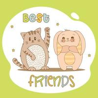 Hand drawn cute animals with lettering. Cat, Bunny with striped ears and a belly. Best Friends. Vector. vector