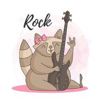 Funny cute raccoon-girl with pink bow and with a bass guitar. Lettering Rock on a pink watercolor background. vector