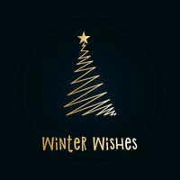 Golden silhouette of a Christmas tree with snow and star on a dark blue background. Merry Christmas and Happy New Year 2022. Vector illustration. Winter Wishes.